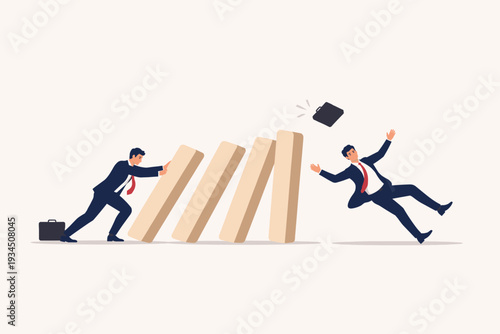 Businessman Pushing Large Domino Blocks to Collapse and Knock Down Another Businessman Falling Down in a Corporate Rivalry, Business Sabotage, Domino Effect, and Competitive Strategy Illustration