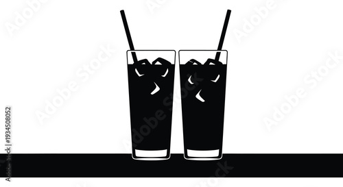 Two glasses filled with a dark liquid and ice featuring straws depicted as a striking silhouette high quality