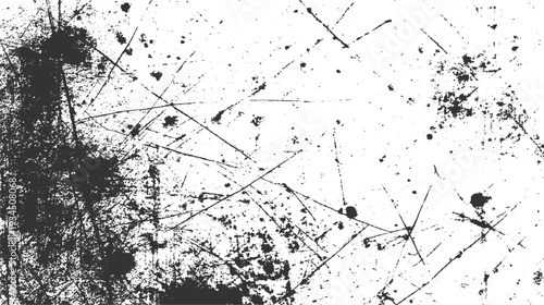 Black ink splatters and fine scratches on a stark white background abstract