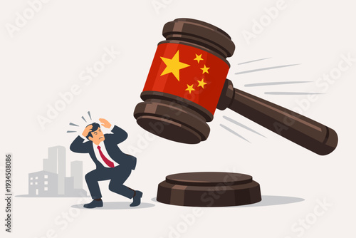 Conceptual Illustration of a Scared Businessman Cowering Under a Giant Judge's Gavel with the Chinese Flag, Representing Government Regulations, Legal Pressure, and Corporate Control in China.