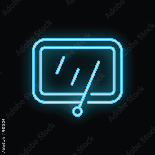 Blue neon icon of a car windshield wiper cleaning rain drops
