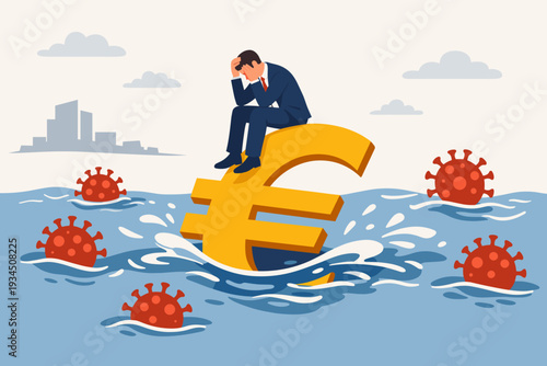 Sad businessman sitting on a sinking Euro sign in water with COVID-19 virus cells, symbolizing the European economic recession, financial crisis, and market crash during the global pandemic.