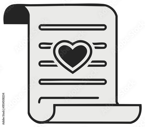 Black and white illustration of a scroll with a heart symbol and lines of text