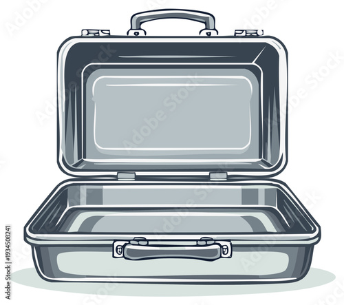 Retro Metal Lunch Box Open Empty Classic Portable Container Isolated Illustration