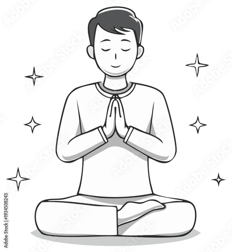 Man meditating in lotus position with closed eyes radiating serenity, peaceful harmony and mindfulness in grayscale illustration.