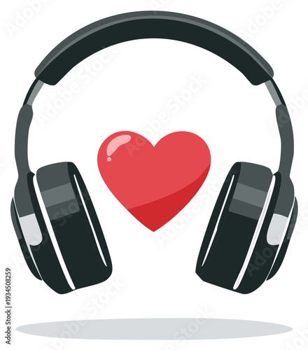 Headphones with red heart icon. Music love concept. Sound, audio, listening.