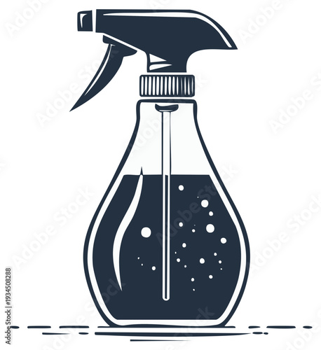 Black and white vector illustration of a spray bottle with liquid and bubbles inside