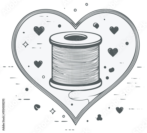Sewing thread spool outlined within a heart shape concept for crafting and handmade hobbies