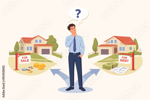 Man Making Decision Between Buying or Renting a House, Real Estate Investment Comparison, Property Ownership vs Rental, Financial Planning for Home Mortgage, Long Term Debt and Housing Concept