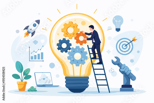 Businessman on Ladder Adjusting Gears Inside a Glowing Light Bulb, Symbolizing Innovation, Creative Problem Solving, Product Development, and Strategic Business Success in a Vector Illustration