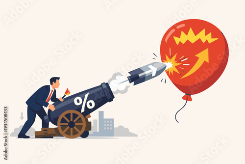 Businessman Firing Percent Cannon to Pop Inflation Balloon, Federal Reserve Raising Interest Rates for Monetary Policy and Economic Stability, Central Bank Fighting Rising Prices Vector Concept