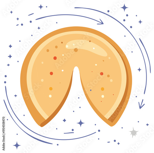 Whimsical fortune cookie with swirling arrows and sparkling stars symbolizing good luck and destiny