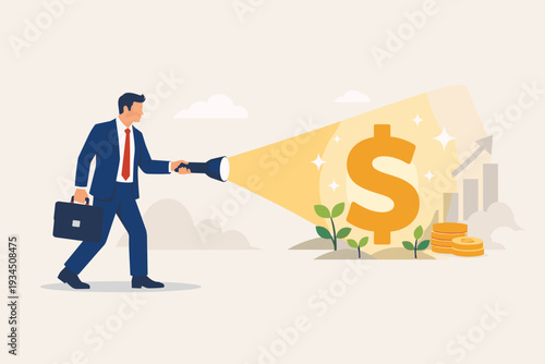 Businessman with flashlight discovering investment opportunities, finding a large dollar sign, growing plants, gold coins, and rising bar charts for financial growth, wealth, and profit.