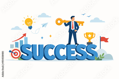 Businessman Holding Golden Key of Success Standing on Big Word Success with Lightbulb Trophy Target and Growth Chart Concept Vector Illustration for Achievement Leadership and Business Goals