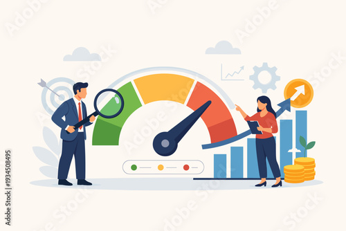 Business KPI measurement and benchmark concept with key performance indicator gauge to measure success, ROI, and progress. Professional team analyzing data for growth, profit, and efficiency.
