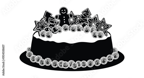 A black and white illustration depicts a festive cake adorned with holiday treats showcasing a striking silhouette