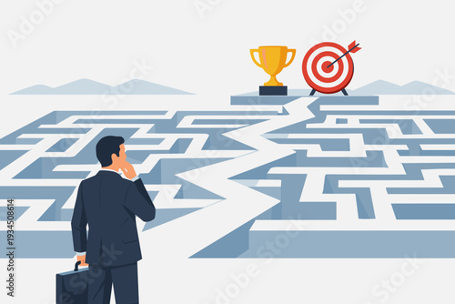 Businessman standing before a complex maze with a clear path leading to a golden trophy and target, representing business strategy, finding solutions, overcoming challenges, and goal achievement.