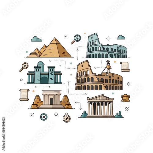 Ancient Civilizations Landmarks Collection: Pyramids, Colosseum, Parthenon, Temples