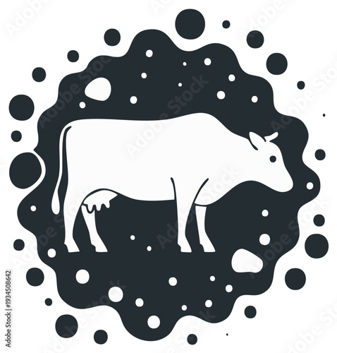 Modern black and white illustration of a dairy cow silhouette surrounded by abstract organic shapes and dots