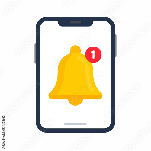 Close-up view of a black‑bordered smartphone displaying a yellow bell notification icon with a red unread count badge, captured from a frontal perspective in a clean white graphic illustration