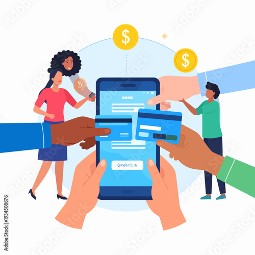 Diverse hands surrounding a dark‑blue smartphone displaying a payment interface, with a woman holding a coin and a man pointing, captured in a clean vector illustration view from a frontal perspective