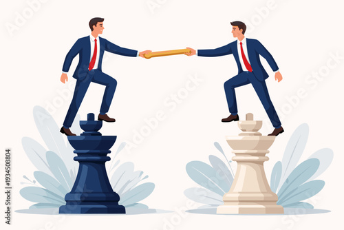 Business Succession Planning and Leadership Transition Concept with Two Businessmen Passing a Golden Baton while Standing on Giant Chess Pieces for Corporate Strategy and Career Growth Support