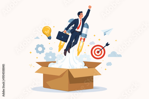 Businessman with jetpack flying out of cardboard box, representing thinking outside the box, innovation, creativity, and business growth. Concept of leadership, success, and breakthrough ideas.