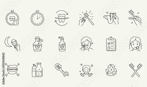 Premium Oral Hygiene  Braces Care Icon Pack - 18 Minimalist Line Art Graphics for Pediatric Dentistry, Teeth Cleaning  Dental Health UI Assets