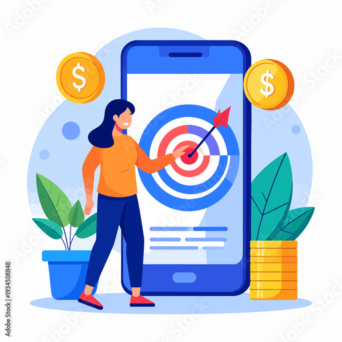 Illustration of a woman in orange shirt throwing a dart at a target on a blue smartphone, with a potted plant, stacked gold coins and floating coins, promoting a finance app in a clean setting