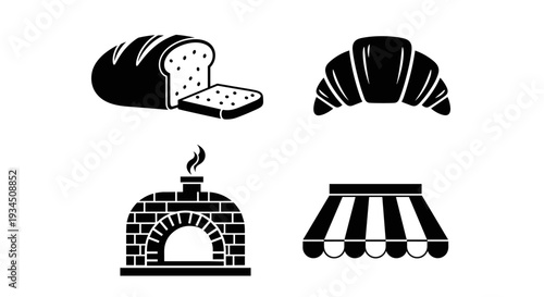 Bakery icons with bread and oven.