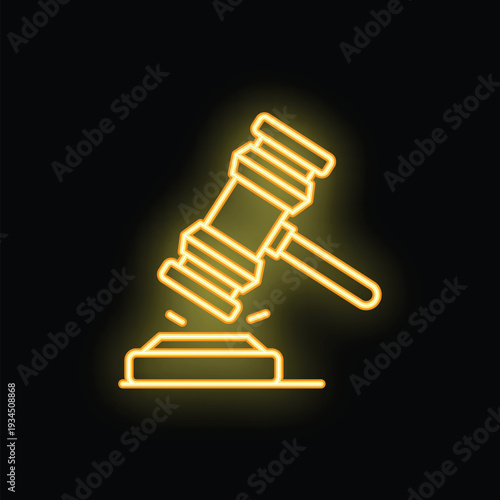 Yellow neon gavel hitting sound block on black background representing legal decision, justice, law and judgment concept