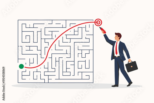 Businessman Drawing a Red Line Over a Complex Maze to Reach a Goal, Concept of Workaround, Innovation, Bypassing Difficulties, and Thinking Outside the Box for Business Success Vector