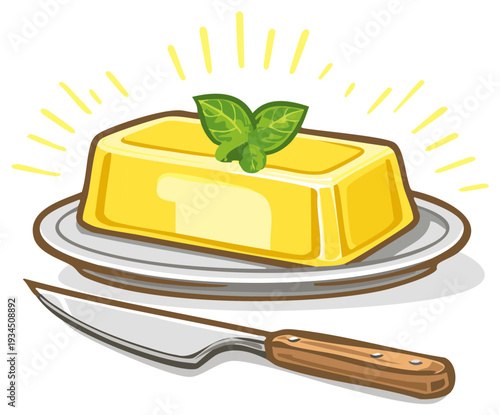 Block of yellow butter sits on a plate with butter knife and basil sprig
