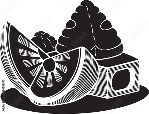 Grapefruit slice and sugar cube with grapes on top in a vintage illustration style