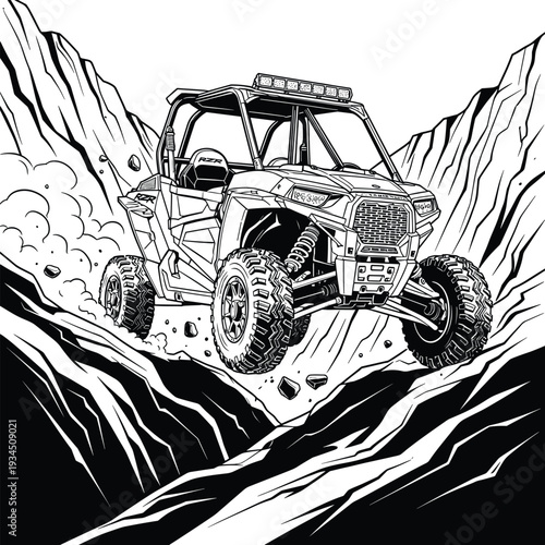 Action off-road UTV buggy jumping over rugged mountain terrain illustration