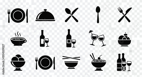 Collection of black silhouette icons representing dining and food service