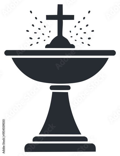 Christian baptismal font with holy water splashing on a cross