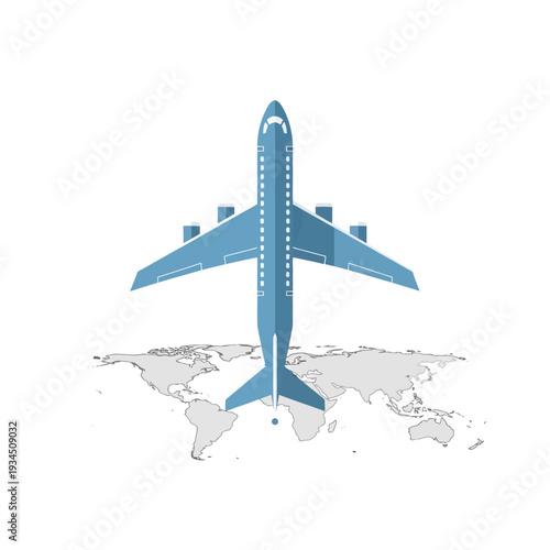 Blue Airplane Flying Over World Map - Global Travel and Transportation Concept