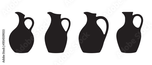 Rustic Black Ceramic Jugs and Pitchers Silhouette Vector Collection with Elegant Handles on White Background.