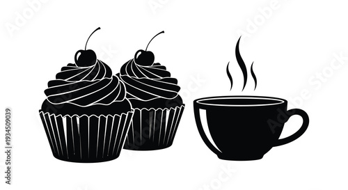 Two black cupcakes with cherries and a steaming cup are depicted in a minimalist striking silhouette high quality