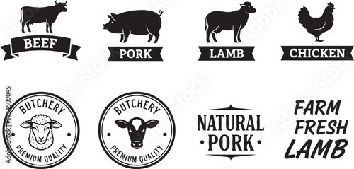 Farm Fresh Meat Labels: Beef, Pork, Lamb, Chicken Silhouettes with Ribbons and Seals