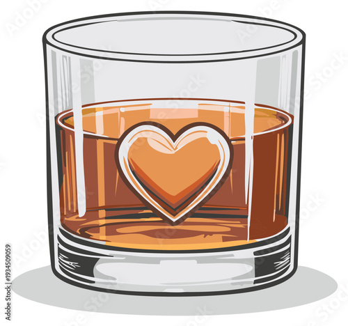 Whiskey glass with heart-shaped ice cube offers an illustration of a Valentine's day cocktail.