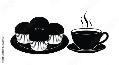 A delightful arrangement of three cupcakes and a steaming cup of coffee is presented in black silhouette
