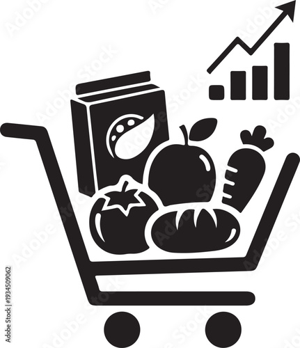 Grocery shopping cart full of fresh produce and healthy food items for meal planning