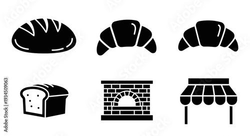 Bakery icons with bread and oven.