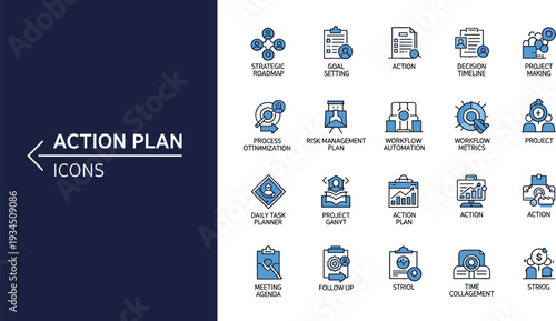 Corporate Action Plan and Workflow Management Line Icons Set Isolated on White Background for Strategy, Planning, and Project Execution Design