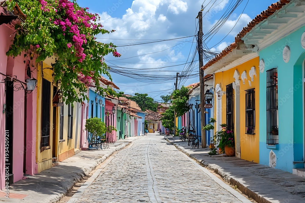Fototapeta premium Vibrant colorful street with flowers and buildings in a small town or village