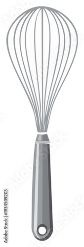 Simple line drawing of a kitchen whisk with a smooth handle and metal loops for mixing ingredients