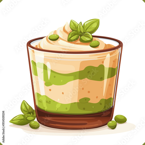 Vector illustration of layered matcha tiramisu dessert in glass with cream topping, isolated on white background