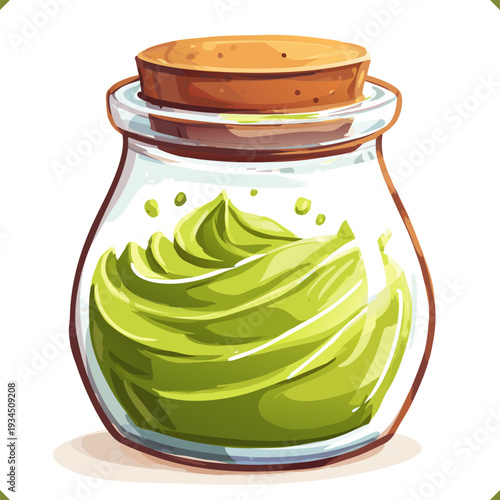 Vector illustration of glass jar filled with matcha green tea powder and fresh leaves, isolated on white background